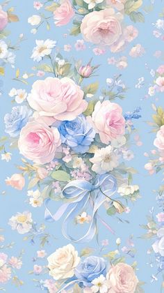 a blue floral wallpaper with pink, white and blue flowers on the bottom right corner