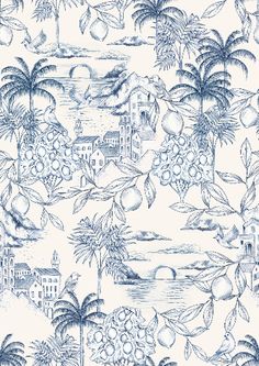 a blue and white wallpaper with palm trees, flowers, and buildings in the background