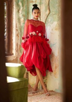 Varun Bahl-Scarlet Red Corsage Cape And Skirt Set-INDIASPOPUP.COM Red Corsage, Red Corsages, Varun Bahl, Flowers And Feathers, Blouse Yoke, Cape Set, Red Cape, Flower Corsage, Draped Skirt