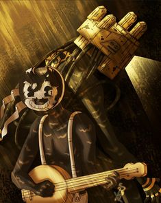 a cartoon character holding a guitar in his hand and wearing a cow mask on its head