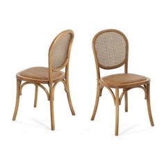 two wooden chairs with cane back and wicker seat, one in the shape of a chair