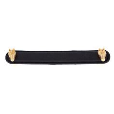 a black leather belt with two gold - toned metal clasps on the ends