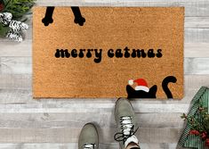 Funny Cat Doormat - Christmas Doormats - Nickel Designs Holiday Front Porch Decor, Holiday Front Porch, Front Doormat, Merry Catmas, Weathered Paint, Painted Door, Christmas Doormat, A Cute Cat, Christmas Porch Decor