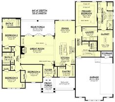 the first floor plan for a home with two master suites and an open kitchen area