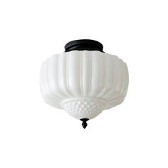 a white ceiling light with a black top on it's head and an acrylic shade hanging from the ceiling