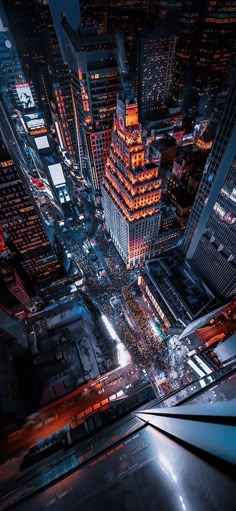 an aerial view of a city at night