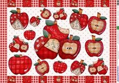 an image of apples and other decorations on a tablecloth with red gingham