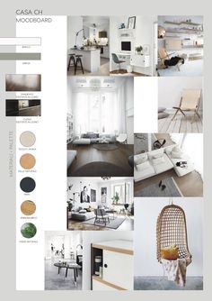 an interior design board with white furniture and color swatches on the bottom right side