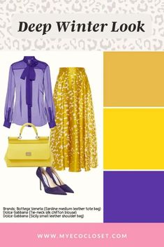 Winter Color Palette Outfits, Deep Winter Color Palette Outfits, Deep Winter Color Palette, Color Palette Clothing, Purple Ballet Flats, Mustard Skirt, Silk Chiffon Blouse