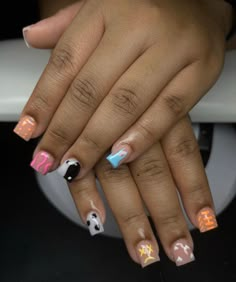 Over Lay Nail Designs, Winter Nails Tips, Acrylic Overlay Nails Design, Different Design On Each Nail, Nails Acrylic Coffin Fall, Winter Nails Acrylic Coffin, Short Freestyle Nails, Coffin Fall Nails, Nails 2023 Trends