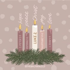 three lit candles with the words like 2, 3 and 5 are surrounded by pine branches