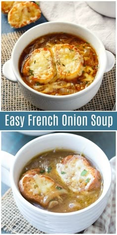 two pictures of different types of french onion soup