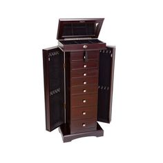 an open wooden jewelry cabinet with drawers on the front and bottom shelves, in dark wood