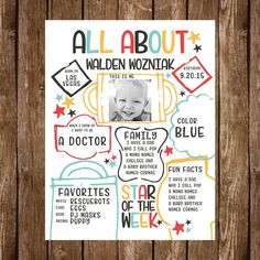 a poster with the words all about children's favorite things on it, and an image of a baby