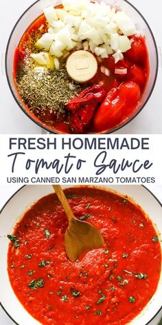 fresh homemade tomato sauce in a bowl with a wooden spoon