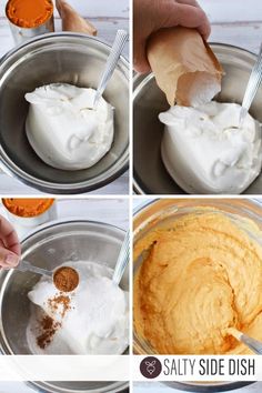 four pictures showing how to make homemade whipped cream