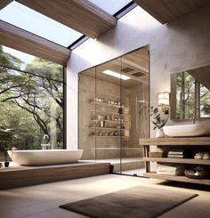 a large bathroom with a skylight above the bathtub and shower area, along with a rug on the floor