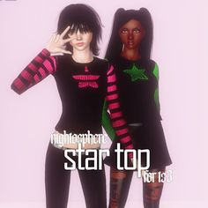 two women in black and pink outfits standing next to each other with the caption star top not 13