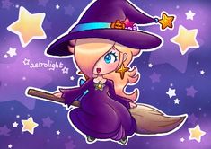 a cartoon witch flying through the air on her broom with stars in the night sky