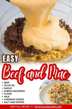 an advertisement for beef and macaroni with cheese being drizzled over it