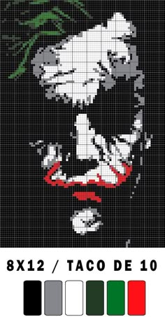 the joker cross stitch pattern is shown in black and white, with green leaves on it