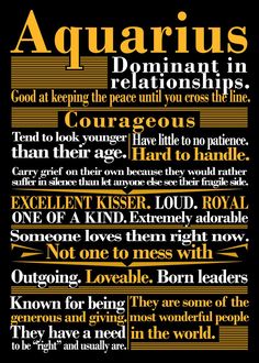 a poster with the words aquarius and other things in gold, black and white