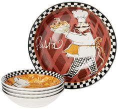 three plates and one bowl with a chef holding a plate on it's side