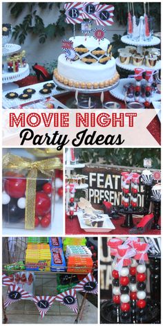 a movie night party with red, white and blue decorations on the table is featured in this collage