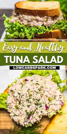 tuna salad with lettuce and tomatoes on toasted bread is an easy healthy lunch idea