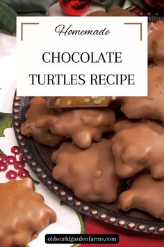 Homemade chocolate turtles which are chocolate coated caramels filled with chopped pecans. From oldworldgardenfarms.com. Chocolate Turtles Recipe, Chocolate Covered Turtles, Pecan Turtles Recipe, Turtles Recipe, Turtle Recipe, Chocolate Covered Pecans, Christmas Cookie Tray, Homemade Chocolate Candy