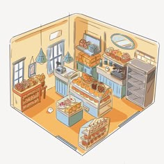 an illustration of a kitchen with food on the counter and in the oven, including bread