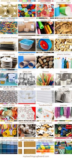 many different types of crafting supplies are shown in this collage, including plastic cups and paper plates