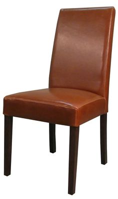 a brown leather dining chair with wooden legs