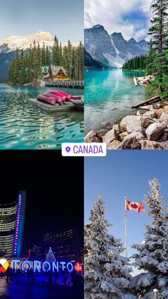 four different pictures with the canadian flag and other things in them that are on display