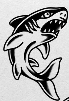 a black and white drawing of a shark with it's mouth open in the air