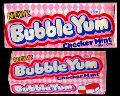 two bubble yum candy bars are shown on a black background, one is pink and the other is white