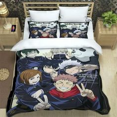 a bed with two anime characters on it