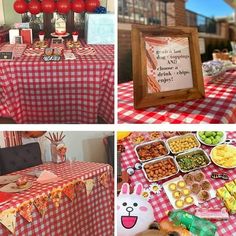 the table is set up with food and decorations