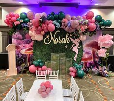 a table set up with balloons and decorations for a fairy birthday party at the grand hyate