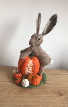 a stuffed rabbit sitting on top of a wooden table next to some pumpkins and nuts