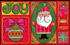 an image of a christmas card with santa claus and other holiday decorations on it's side