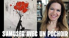 a woman smiling next to an art piece with red balloons on it and the words, samuser - avec un pochoir