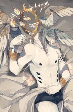 an anime character with angel wings on his chest and arms spread out in front of him