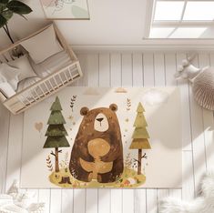 a bear rug on the floor in a child's room with white walls and wooden floors