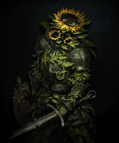 a painting of sunflowers on top of a pile of leaves with a knife