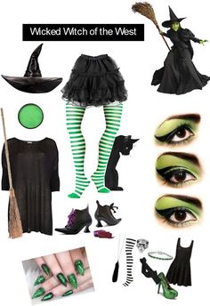 Image shows ideas for Wicked Witch costume which include black dress, black pointy hat, black boots and lots of green accessories.  Green witchy nails, green tights, green make up.  Lots of options to mix and match to create a witchy costume to frighten Dorothy. Bad Witch Costume, Wicked Witch Costume, Witches Costumes For Women, Cheap Halloween Party, Witch Costume Diy, Trio Halloween Costumes, Wicked Witch Of The West, Witch Costumes, Witch Of The West