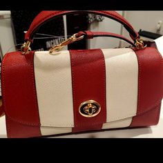 Authentic Coach Leather Bag With Red Qnd Off White Stripes. Crossbody Straps Included. Coach Red Satchel With Detachable Handle, Red Coach Shoulder Bag With Detachable Handle, Trendy White Satchel With Gold-tone Hardware, Trendy Red Coach Bag, Trendy White Coach Bags, Red Coach Satchel With Top Handle, Coach Red Satchel With Detachable Strap, Trendy Red Coach Shoulder Bag, Chic Red Coach Bag