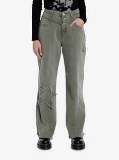 Green Distressed Star Wide Leg Pants | Hot Topic Star Patches, Tall Hoodies, Plus Size Fits, Socks And Tights, Sweaters And Jeans, Wide Legs, Suspenders, Sock Shoes, Eyewear Sunglasses