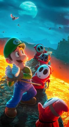 an image of mario and his friends on the cliff in front of a full moon