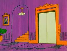 a drawing of an entrance to a purple room with stairs and potted plants on the floor